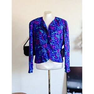 Adrianna Papell Vintage 80s Blue Scroll Print Silk Blazer Colorful Maximalist L